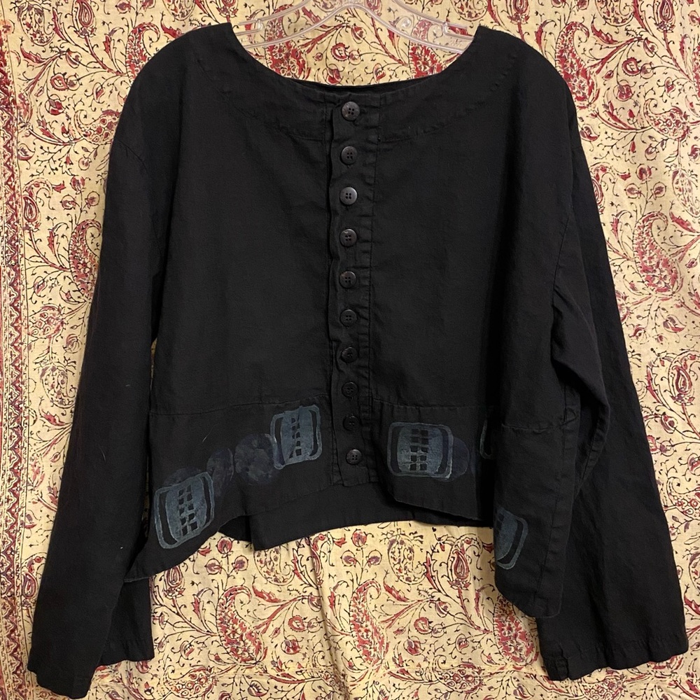 Blue Fish Black Hemp & Cotton Long Sleeve Top w Original Art